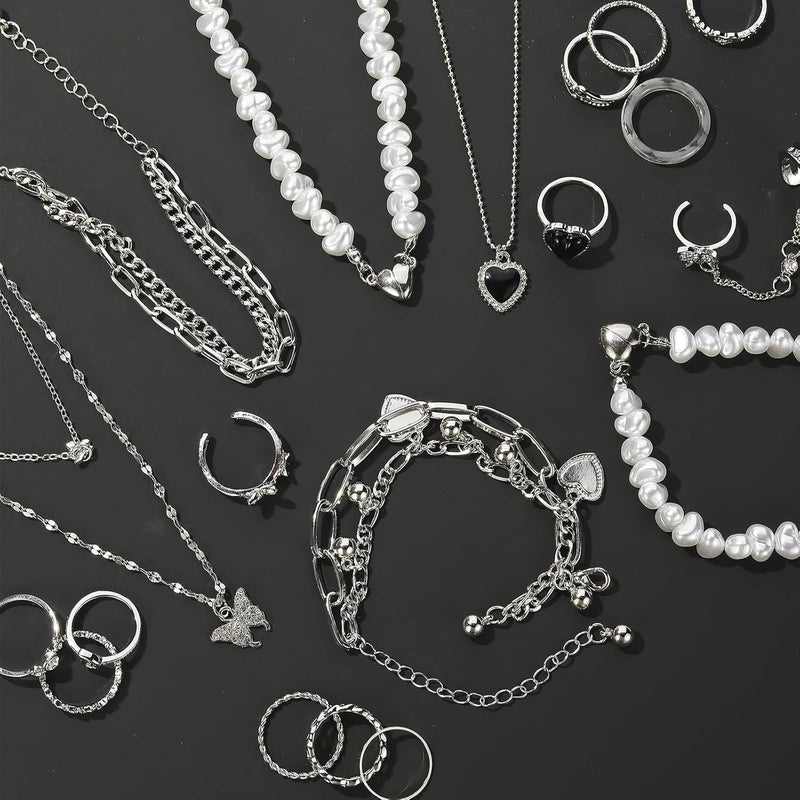 IFKM 36 PC Silver Plated Jewelry Set With 3 Necklace, 12 Bracelet, 7 Ear Cuffs Earring, 14 Knuckle Rings For Women Girls Valentine Anniversary Birthday Friendship Gift - Image 2